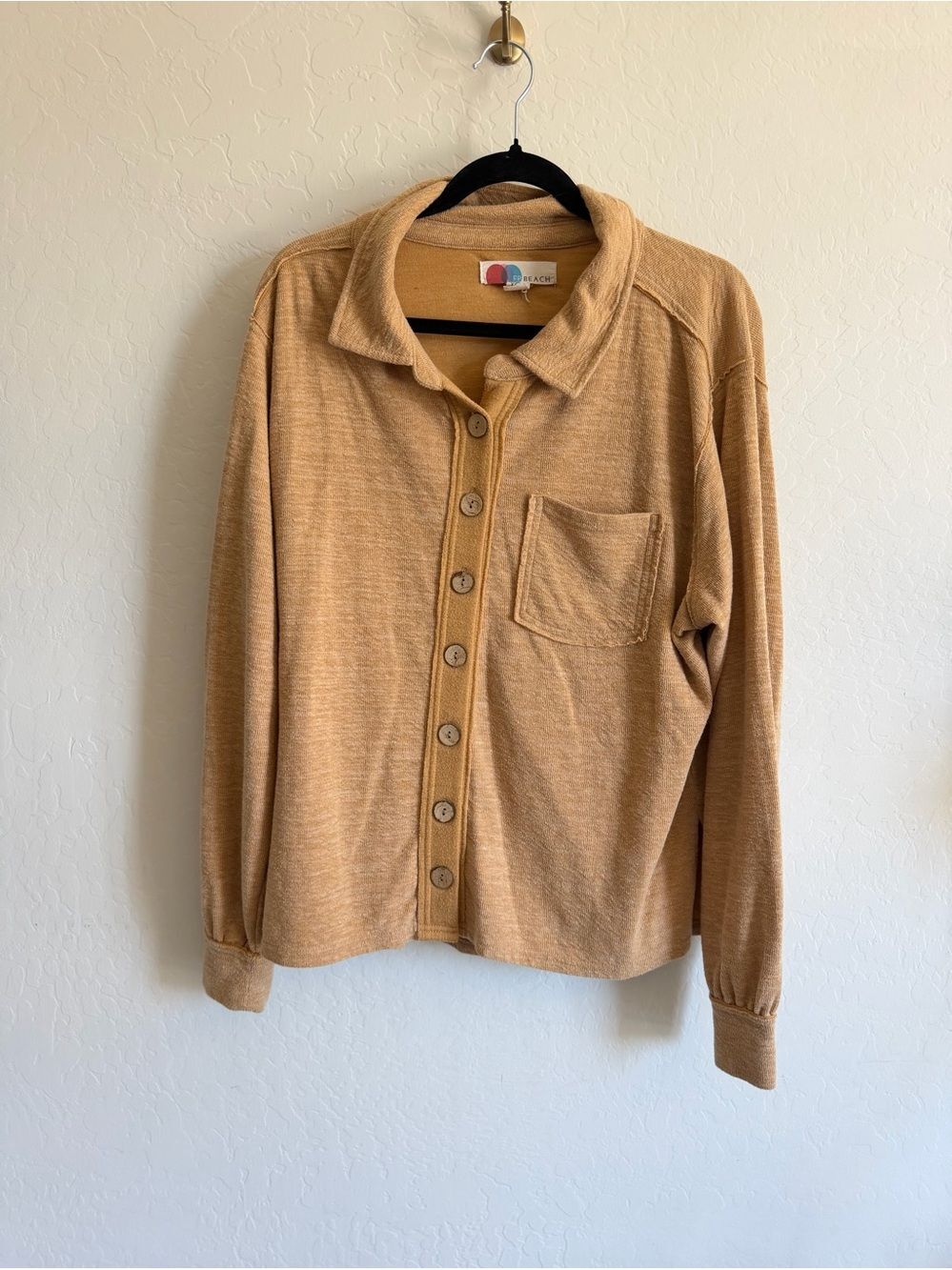 FP Beach Mustard/Tan Slub Knit Button Down Collared Cardigan Shirt XS